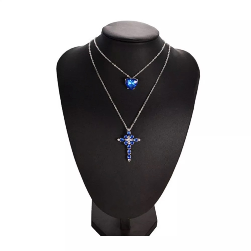 New✨ Blue Crystal Heart & Cross Necklace 💙✨ - Picture 4 of 5